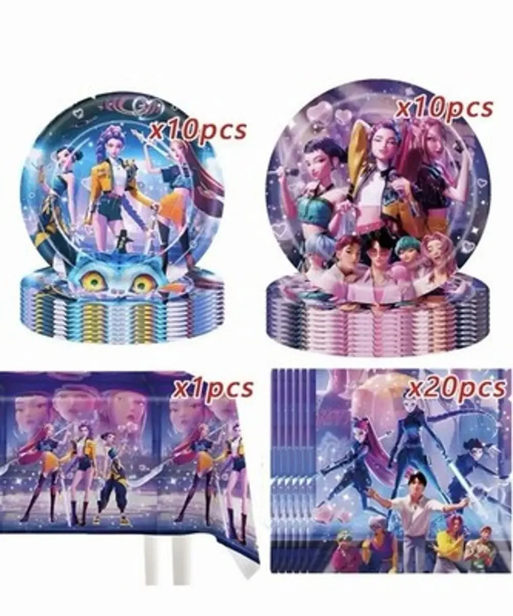Demon Hunters Party Tableware, 20 Plates and 20 Napkins and Tablecloth